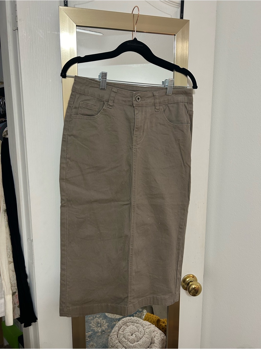 Be-Girl Classic Stretch Denim Midi Skirt in Taupe/Khaki